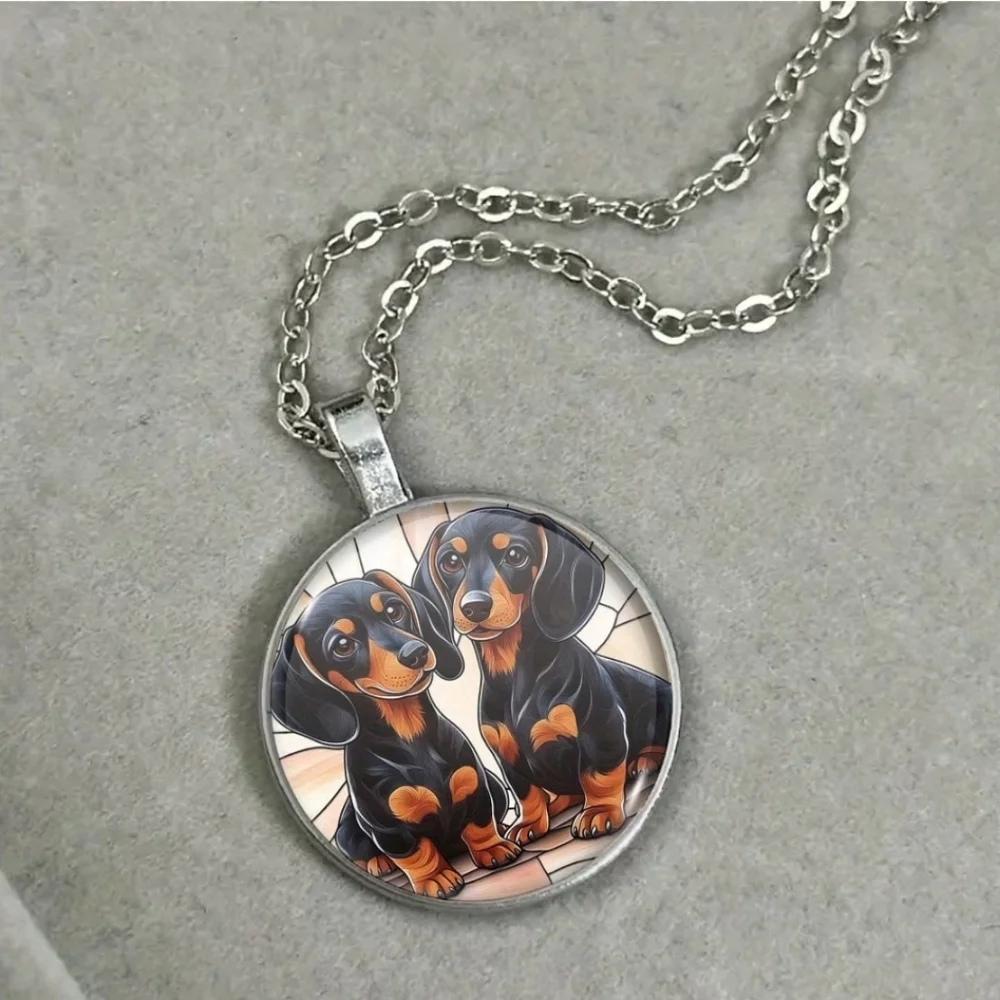925 Sterling Silver Dachshund Puppies‎ Stained Glass Pendant Adjustable Necklace